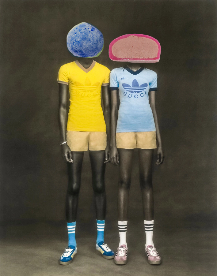 male and female model wearing mismatched adidas gucci sportswear